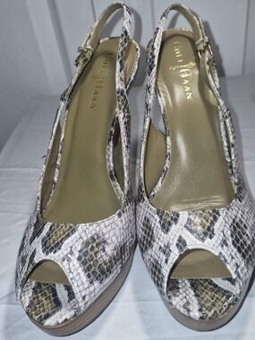 Cole Haan Beige and Black Snake-Print Peep-Toe Slingback Wedges, Size 9